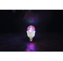 Bec LED disco cu dulie E27 și efect de lumină colorată prin domul rotativ fațetat.