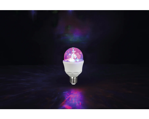 Bec LED disco cu dulie E27 și efect de lumină colorată prin domul rotativ fațetat.
