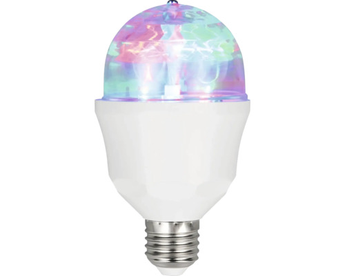 Bec LED tip discotecă cu soclu E27 și cupolă prismatică transparentă pentru efecte de lumină colorată.