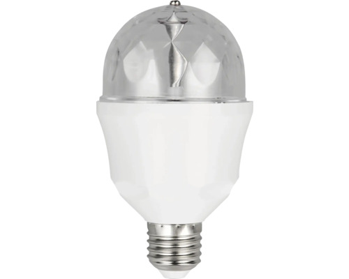 Bec LED tip glob disco cu soclu E27 și cupolă prismatică rotativă cu fațete pentru efecte de petrecere.