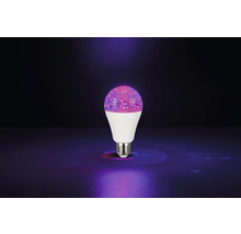Bec LED E27 cu efect de sclipici în culorile roz și violet.