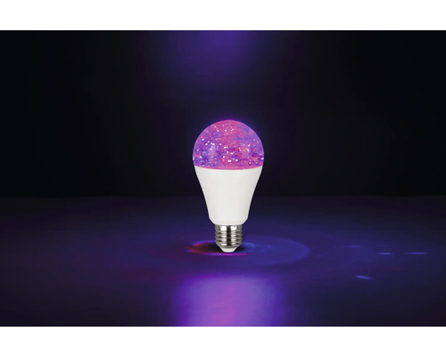 Bec LED E27 cu efect de sclipici în culorile roz și violet.