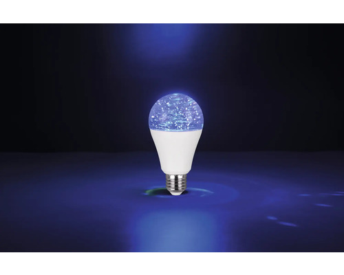 Bec LED cu soclu E27 și efect de sclipici albastru în cupola transparentă, emite lumină albastră.