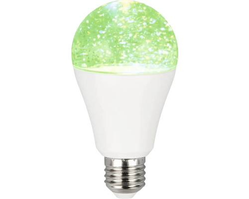 Bec LED cu soclu E27 și efect de sclipici verde în formă de pară.