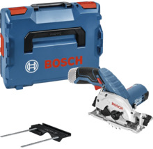 Ferăstrău circular cu acumulator Bosch cu limitator paralel și cutie de transport.