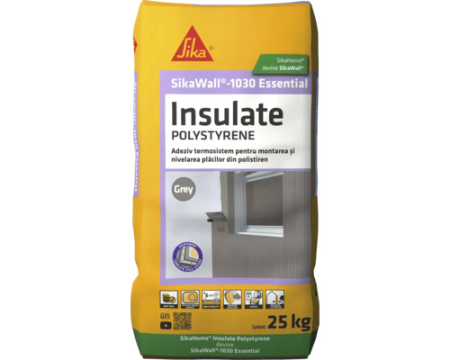 Adeziv și masă de șpaclu SikaWall-1030 Essential pentru polistiren, sac 25 kilograme, gri, respirabil, pentru interior și exterior.