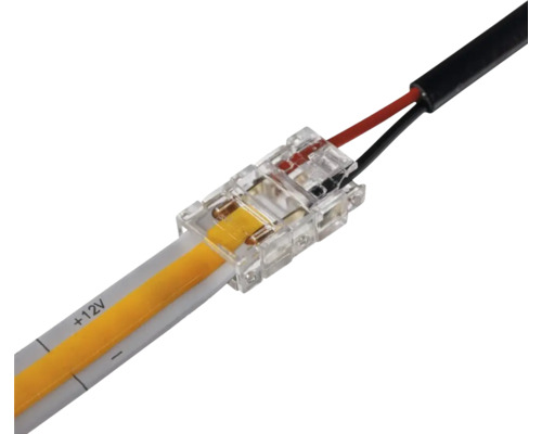 Conector rapid transparent pentru benzi LED COB de 12 Volți cu cablu conectat.