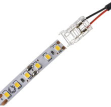 Bandă LED cu conector rapid transparent și cablu de conectare cu două fire.