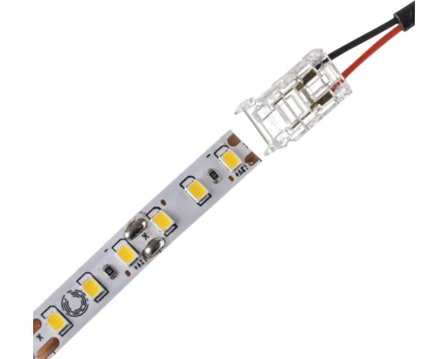 Bandă LED cu conector rapid transparent și cablu de conectare cu două fire.