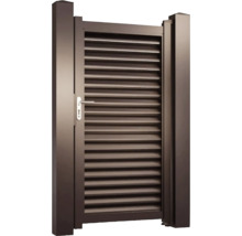 Poartă de grădină cu lamele, doi stâlpi și mâner de ușă.