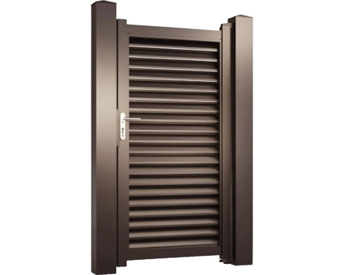 Poartă de grădină cu lamele, doi stâlpi și mâner de ușă.