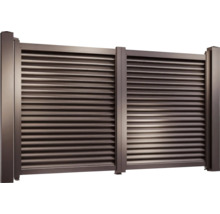 Panou de gard din aluminiu cu lamele orizontale și stâlpi cu aspect metalic închis.