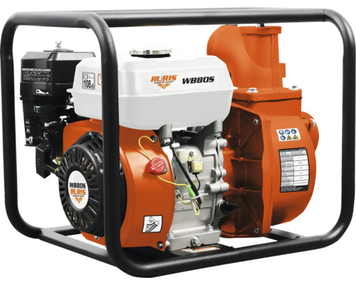 Motopompă de apă Ruris WB80S cu cadru metalic negru, rezervor alb și carcasă portocalie.