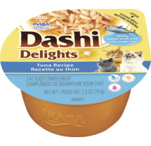 Inaba Dashi Delights hrană complementară pentru pisici rețetă cu ton în recipient de 70 grame, fără cereale și sigur pentru delfini.