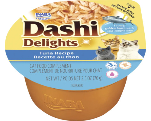 Inaba Dashi Delights hrană complementară pentru pisici rețetă cu ton în recipient de 70 grame, fără cereale și sigur pentru delfini.