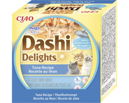Supliment alimentar pentru pisici Ciao Dashi Delights, rețetă cu ton, ambalaj cu trei pisici și bucăți de ton în supă.
