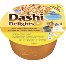 Hrană complementară pentru pisici Inaba Dashi Delights la cupă, rețetă cu ton și brânză în supă, șaptezeci de grame.