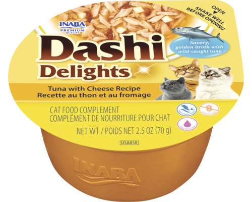 Hrană complementară pentru pisici Inaba Dashi Delights la cupă, rețetă cu ton și brânză în supă, șaptezeci de grame.