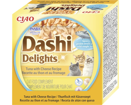 Supliment alimentar pentru pisici CIAO Dashi Delights, rețetă cu ton și brânză, ambalaj cu ilustrații cu trei pisici.