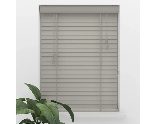 Jaluzea gri cu benzi textile late în ramă de fereastră, atmosferă luminoasă și organizată cu o plantă de interior.