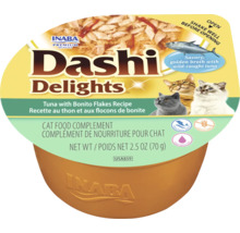 Supliment alimentar pentru pisici Inaba Dashi Delights, rețetă cu ton și fulgi de bonito, fără cereale, 70 grame.
