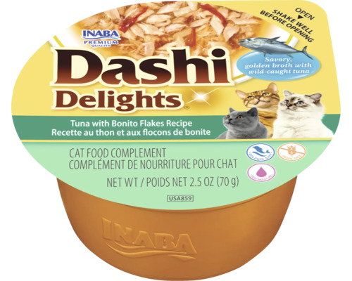 Supliment alimentar pentru pisici Inaba Dashi Delights, rețetă cu ton și fulgi de bonito, fără cereale, 70 grame.