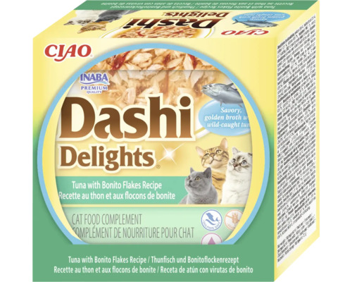 Hrană complementară pentru pisici Ciao Inaba Dashi Delights, ton cu fulgi de bonito, fără cereale, Dolphin Safe.