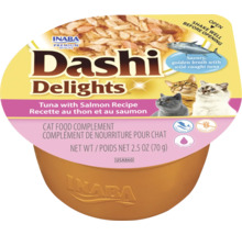 Supliment alimentar pentru pisici Inaba Dashi Delights, rețetă cu ton și somon, cupă de 70 grame.