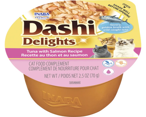 Supliment alimentar pentru pisici Inaba Dashi Delights, rețetă cu ton și somon, cupă de 70 grame.