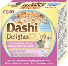 Supliment alimentar pentru pisici Inaba Ciao Dashi Delights, rețetă cu ton și somon, fără cereale, sigur pentru delfini.