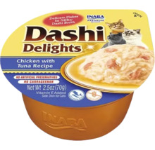 Hrană pentru pisici Inaba Dashi Delights, pui și ton în supă dashi, fără cereale, fără conservanți artificiali, pahar de 70 grame.