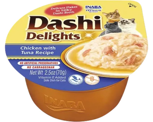 Hrană pentru pisici Inaba Dashi Delights, pui și ton în supă dashi, fără cereale, fără conservanți artificiali, pahar de 70 grame.