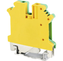 Clemă de protecție galben-verde din plastic cu bază metalică pentru montare pe șină profilată.