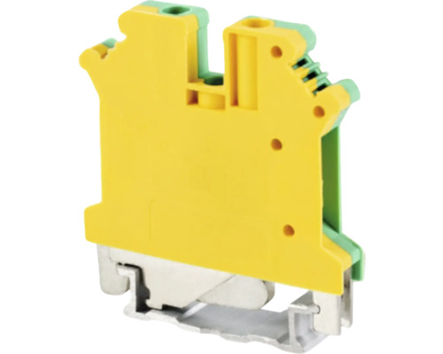 Clemă de protecție galben-verde din plastic cu bază metalică pentru montare pe șină profilată.