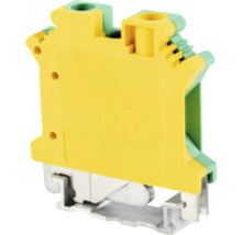 Clemă de protecție pentru șină din plastic și metal, galben și verde.