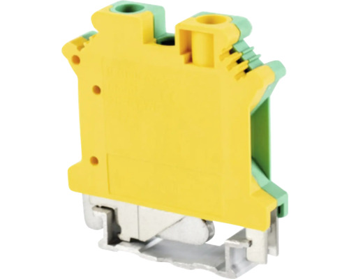 Clemă de protecție pentru șină din plastic și metal, galben și verde.