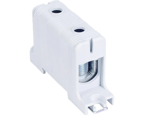 Bornă de ramificație albă pentru coloană principală din plastic cu bornă cu șurub metalic pentru instalații electrice.