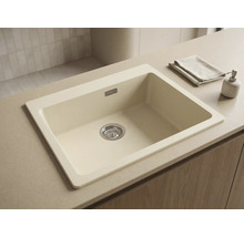 Chiuvetă încorporabilă dreptunghiulară din compozit de granit cu o singură cuvă, preaplin și scurgere integrate într-un blat de lucru deschis.