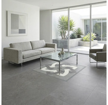 Living modern cu gresie gri, model decorativ central, canapea gri și masă de sticlă în fața unui perete de sticlă spre zona exterioară.