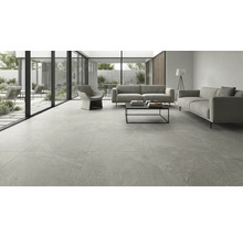 Cameră de zi modernă cu plăci de gresie gri de format mare cu aspect de piatră, două canapele, fotoliu și ferestre până la podea.