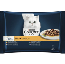 Purina Gourmet Perle Duo hrana pentru pisici, pachet multiplu de hrana umeda cu patru pliculete de 85 de grame, diverse sortimente de carne in sos.