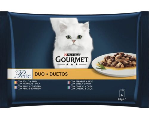Purina Gourmet Perle Duo hrana pentru pisici, pachet multiplu de hrana umeda cu patru pliculete de 85 de grame, diverse sortimente de carne in sos.