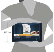 Multipack hrană pentru pisici Purina Gourmet Perle Duo cu o înălțime de 193 milimetri, susținut de o siluetă.