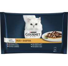 Hrană pentru pisici Purina Gourmet Perle Duo, pachet de 4 pliculețe de 85 grame, diverse varietăți de carne în sos.