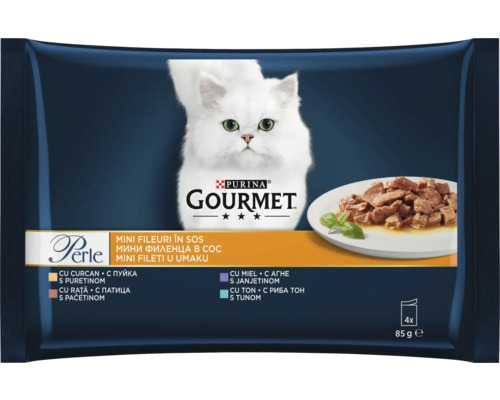 Multipack hrană pentru pisici Purina Gourmet Perle, Mini Fileuri în sos cu curcan, rață, miel și ton, patru plicuri a câte 85 grame.