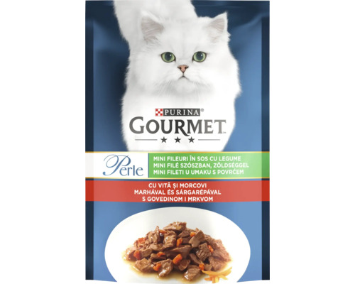 Hrană umedă pentru pisici Purina Gourmet Perle, Mini Fileuri în sos cu vită și morcovi.