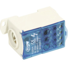 Bloc de distribuție faze ELVON FJ250A din plastic alb cu capac albastru transparent, capacitate 250 Amperi și marcaj CE.