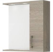 Dulap cu oglindă pentru baie, cu ușă cu aspect de lemn, mâner metalic și iluminare integrată.