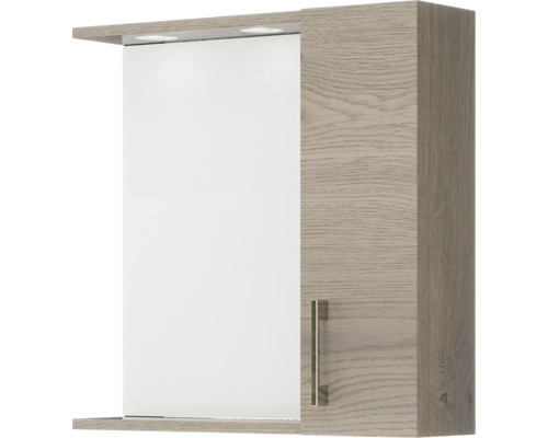 Dulap cu oglindă pentru baie, cu ușă cu aspect de lemn, mâner metalic și iluminare integrată. Dulap cu oglindă pentru baie, cu ușă cu aspect de lemn, mâner metalic și iluminare integrată.
