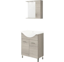 Set de mobilier pentru baie cu mască pentru chiuvetă cu aspect de stejar, lavoar din ceramică și dulap cu oglindă și iluminare integrată.
